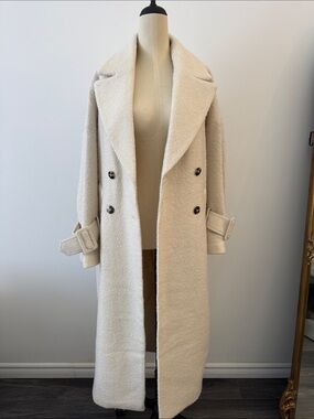 H&M Cream Double-Breasted Bouclé Long Coat